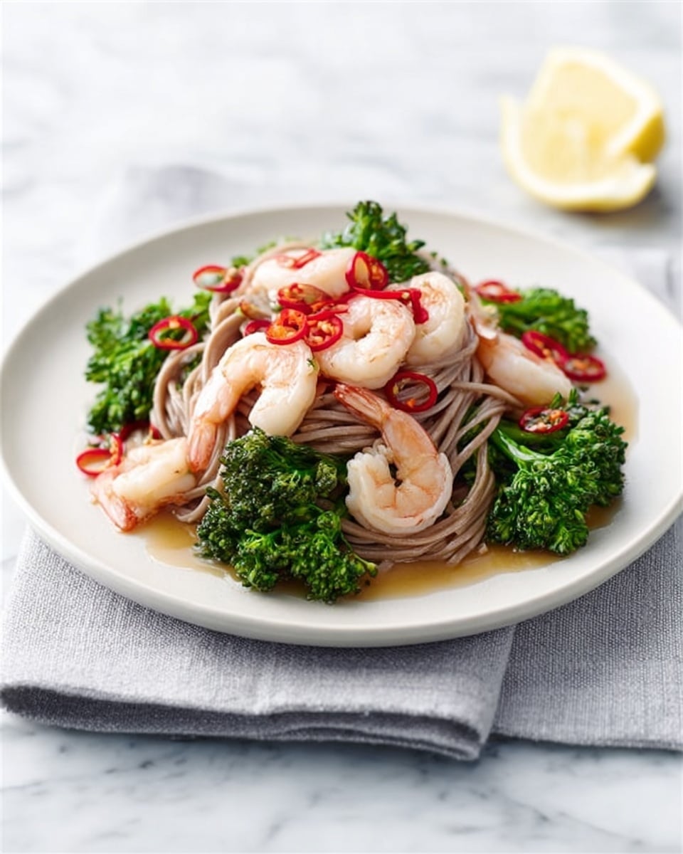 A white plate sits on a light gray cloth over a white marbled surface, holding a dish with three main layers: at the bottom, a tangled nest of light brown noodles; on top of the noodles, bright green broccoli and slices of red chili peppers scattered around; and the top layer features several peeled pink shrimp arranged neatly. In the background, a halved lemon rests slightly blurred, adding a fresh touch. The colors and textures are clear and fresh. photo taken with an iphone --ar 4:5 --v 7