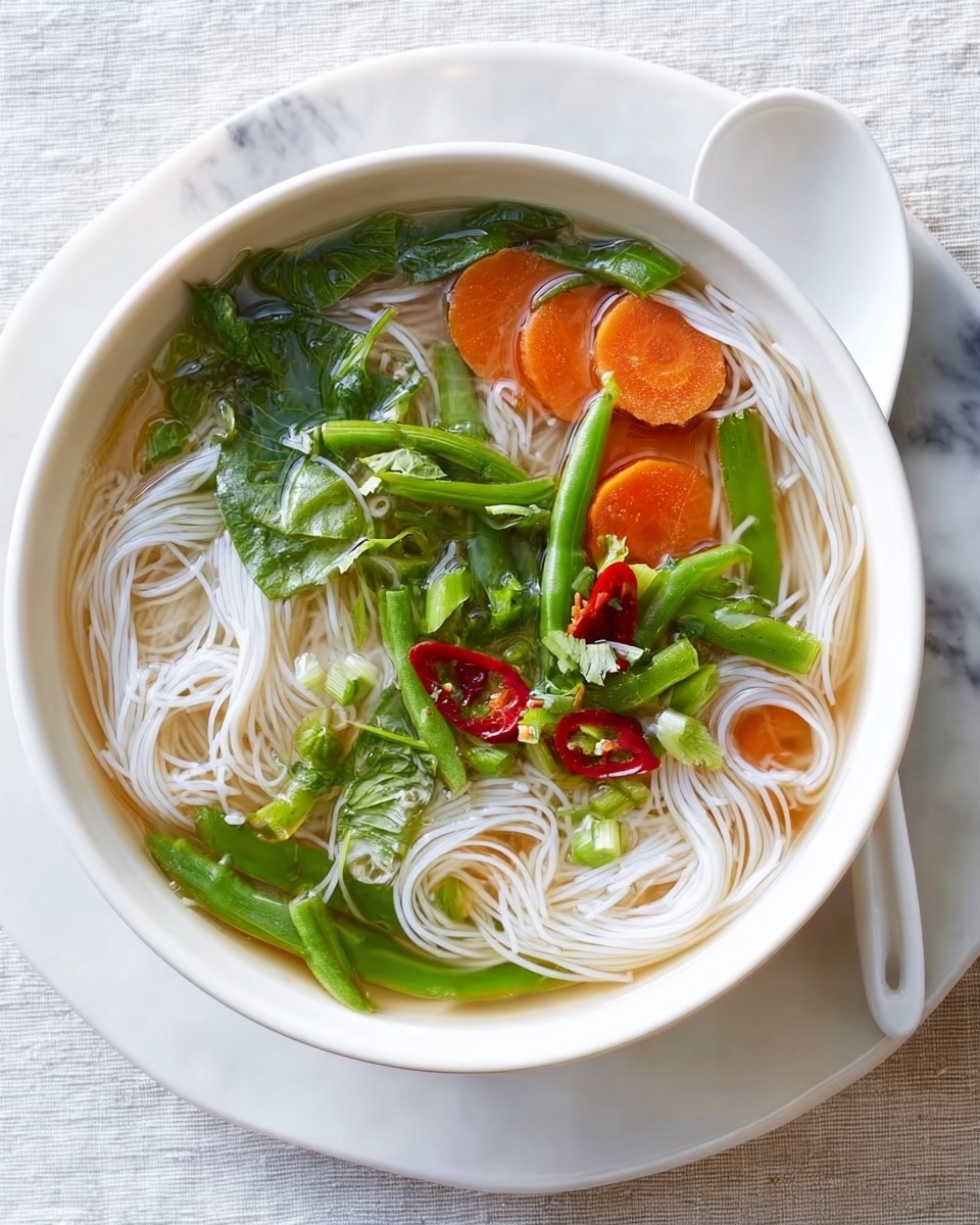 The image shows a white bowl filled with a clear broth soup placed on a white marbled surface. Inside the bowl, there are three main layers: a base layer of thin white noodles arranged gently at the bottom, a middle layer consisting of orange carrot slices and bright green beans stacked unevenly, and a top layer of large, shiny green leafy vegetables and a few thin red chili slices scattered around. The textures contrast nicely with smooth broth, soft noodles, crunchy-looking vegetables, and crisp-looking leaves. A white soup spoon rests beside the bowl on the white marbled surface. photo taken with an iphone --ar 4:5 --v 7