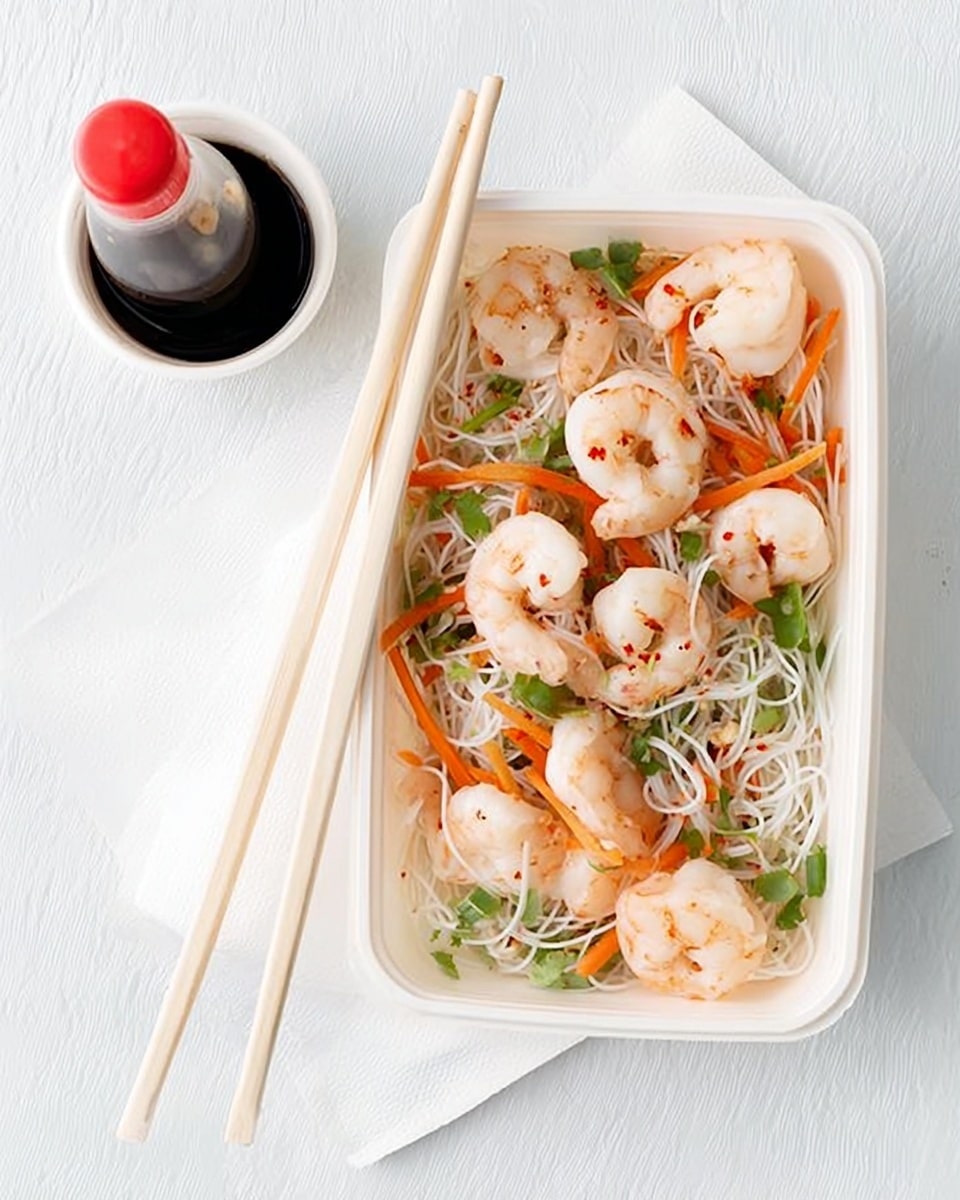 A white rectangular container holds a fresh shrimp noodle salad. The bottom layer is thin white noodles mixed with light green sliced vegetables and thin orange carrot strips. On top, large pinkish-white cooked shrimp with tiny red pepper flakes are scattered evenly. Fresh green mint leaves and chopped herbs add a bright touch across the salad. A pair of light wooden chopsticks rests diagonally on top of the container. Next to the container is a small white round dish with dark soy sauce in a bottle with a red cap. The whole scene is set on a white marbled surface. photo taken with an iphone --ar 4:5 --v 7
