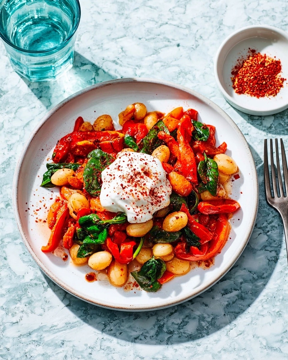 The image shows a white plate filled with a colorful dish of sautéed gnocchi mixed with red bell peppers, mushrooms, and green spinach leaves, creating layers of orange, light brown, and green textures. On top of the gnocchi, there is a dollop of white creamy sauce sprinkled with red spice powder. Next to the plate is a small white bowl containing more of the red spice, and a clear glass of water, all all placed on a white marbled texture. photo taken with an iphone --ar 4:5 --v 7