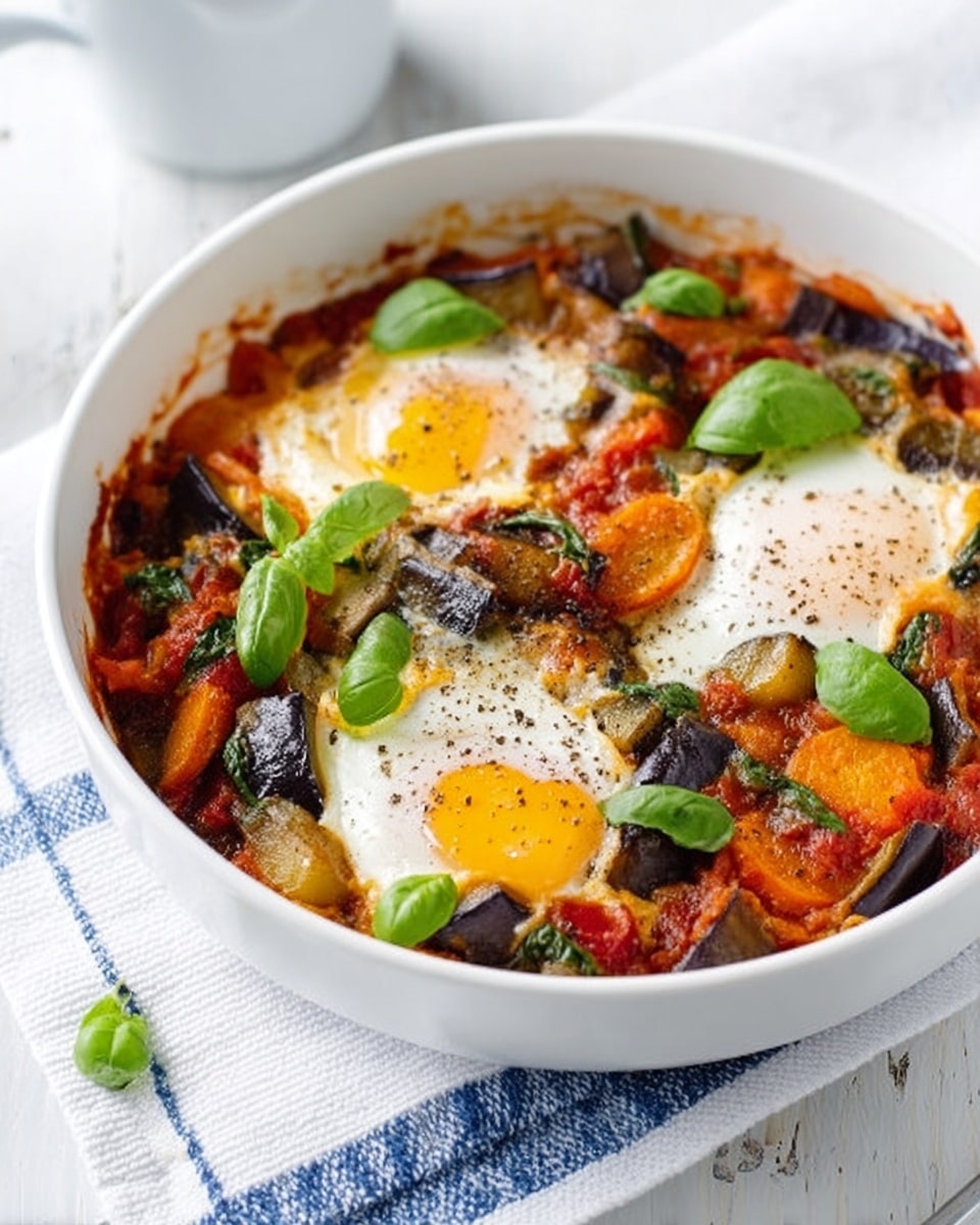 A white bowl filled with a baked dish showing three visible eggs on top, each with bright yellow yolks surrounded by white cooked egg whites. The eggs sit on a thick, chunky red tomato sauce mixed with pieces of dark purple eggplant, some green herbs, and small bits of other vegetables. Fresh green basil leaves are spread on top, adding a pop of color. The bowl is placed on a folded white and blue striped cloth, all set on a white marbled surface. Photo taken with an iphone --ar 4:5 --v 7