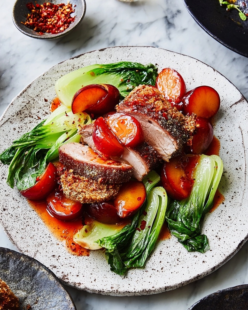 A white textured plate holds a layered dish starting with bright green baby bok choy arranged as the base layer. On top sit several pieces of sliced, seared meat coated with a brown crust. A shiny, reddish sauce is drizzled over the meat and bok choy. Around the main plate, there is a white marbled surface with small bowls nearby, one containing red chili flakes. The colors contrast vividly with the greens, browns, and reds of the dish. photo taken with an iphone --ar 4:5 --v 7