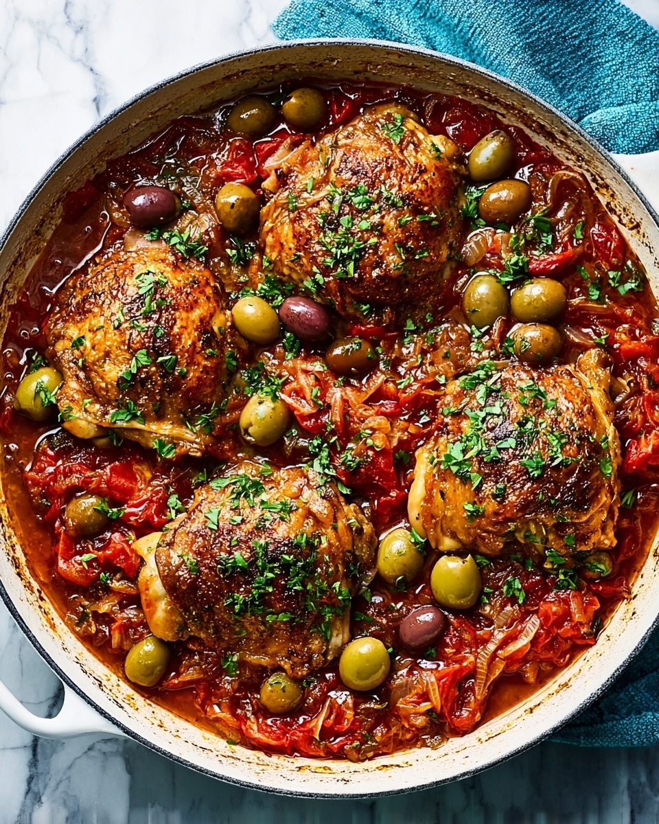 A white round pan filled with four golden brown chicken thighs evenly spaced on top of a rich, thick sauce made of red cherry tomatoes, green olives, and finely chopped herbs. The sauce is deep red with bits of vegetables visible, and fresh green parsley is sprinkled over the chicken and sauce for color contrast. The pan sits on a white marbled textured surface, with a gray and white checkered cloth partly under the pan handle. The overall look is warm, fresh, and inviting, showing the juicy chicken and vibrant ingredients clearly. Photo taken with an iphone --ar 4:5 --v 7