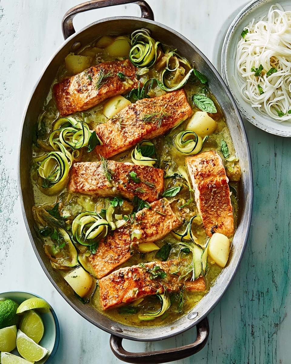 The image shows a large oval metal pan with four golden-brown grilled salmon fillets arranged in a slightly curved line across the middle. Around and between the fillets are several layers of light green zucchini ribbons, wilted spinach leaves with a deep green color, and small cooked potato pieces with golden edges. The dish is topped with fresh green herbs and thin slices of green chili, adding contrast and brightness. The pan sits on a white marbled surface with a folded blue cloth nearby. Photo taken with an iphone --ar 4:5 --v 7