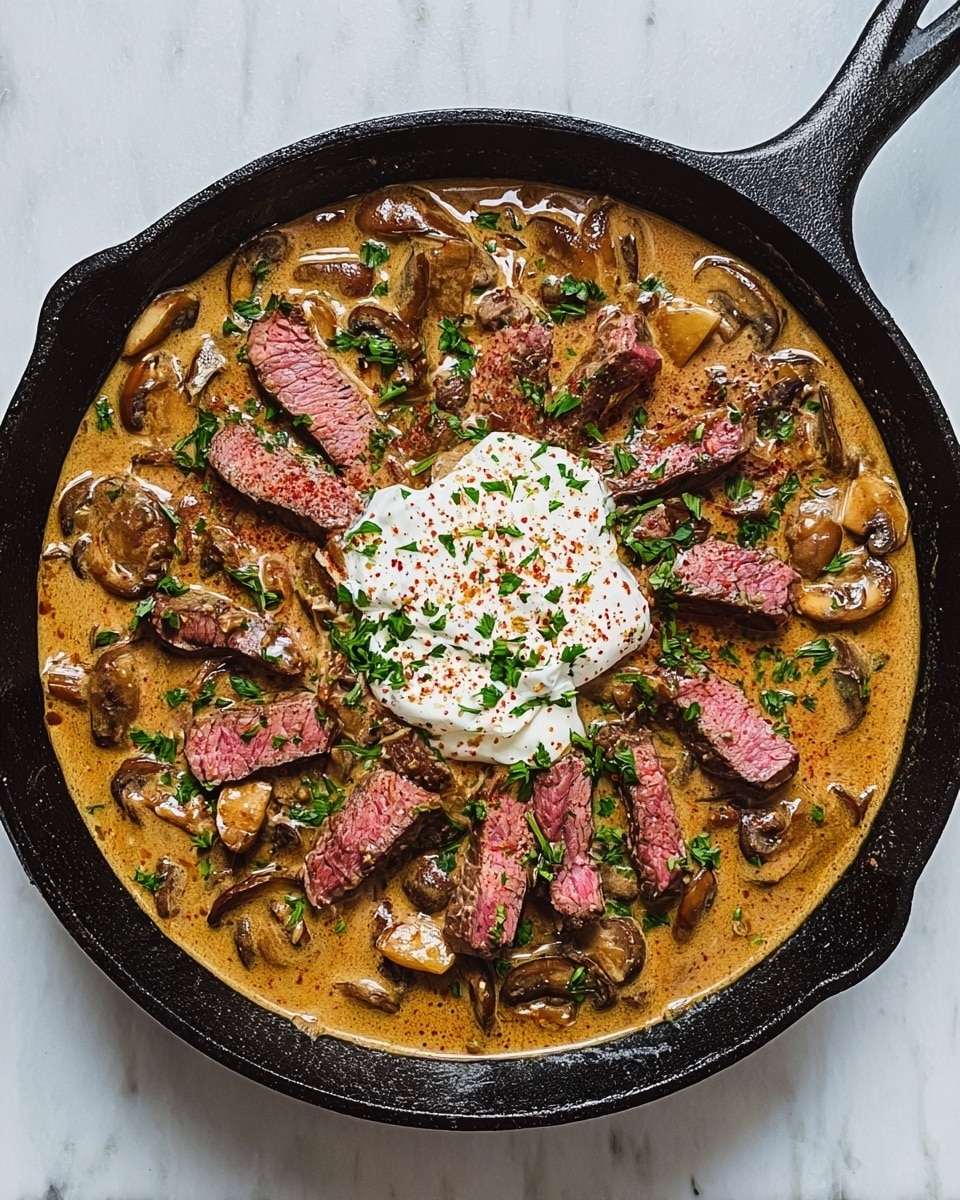 A black cast iron pan filled with creamy mushroom sauce, mixed with sliced steak pieces that show a pink center, scattered sliced mushrooms, and fresh green herbs on top. There is a dollop of white sour cream placed near the middle of the pan, sprinkled lightly with red spices. The pan sits on a white marbled surface, highlighting the rich colors of the dish. photo taken with an iphone --ar 4:5 --v 7