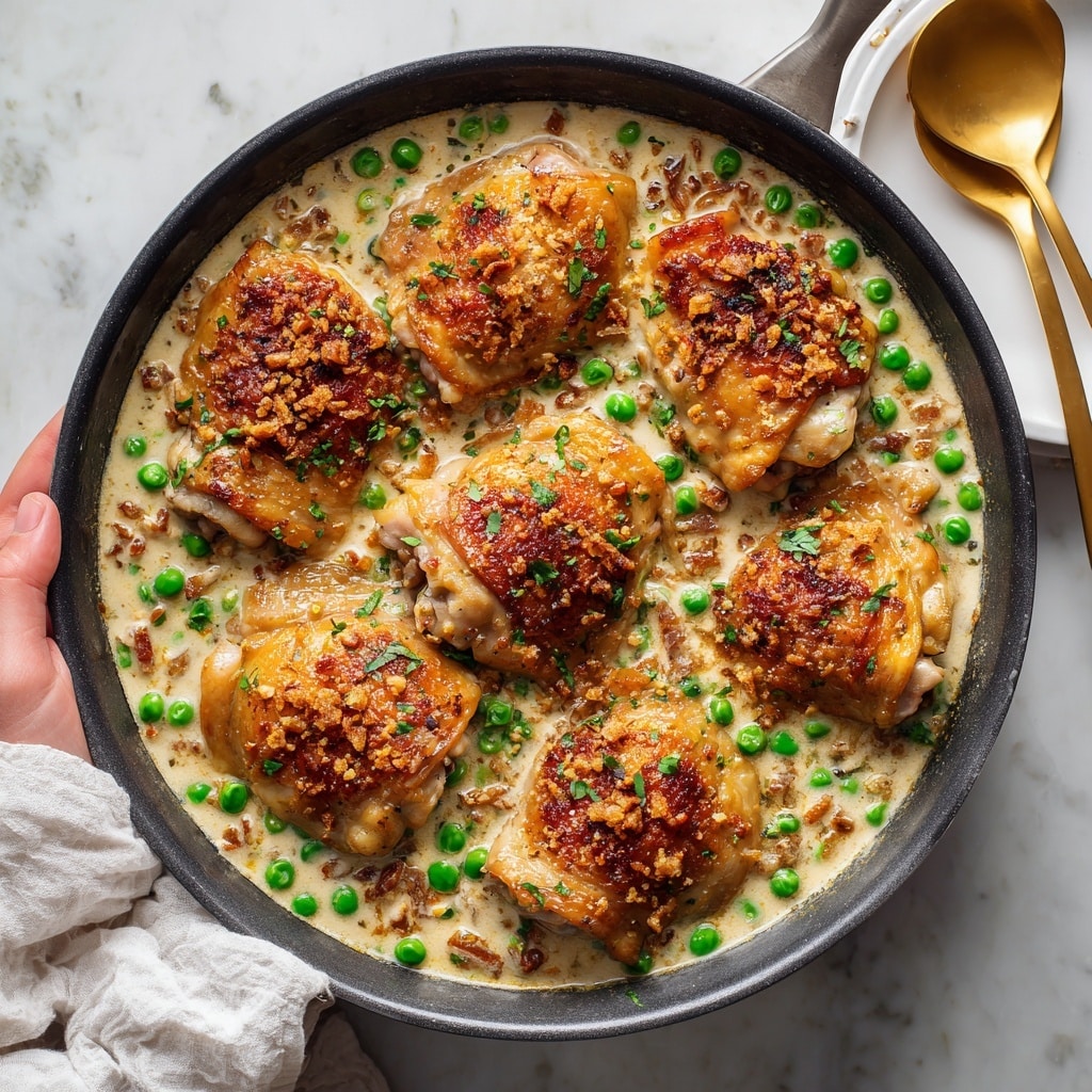 A round cast iron pan filled with creamy sauce and seven golden brown chicken thighs arranged in a circle, each thigh topped with a crispy, browned breadcrumb layer with green herbs sprinkled on top. The creamy sauce has visible green peas scattered throughout. The pan sits on a white marbled surface with a white cloth underneath, a gold spoon to the left on the cloth, and a woman's hand holding the right side of the pan. photo taken with an iphone --ar 4:5 --v 7