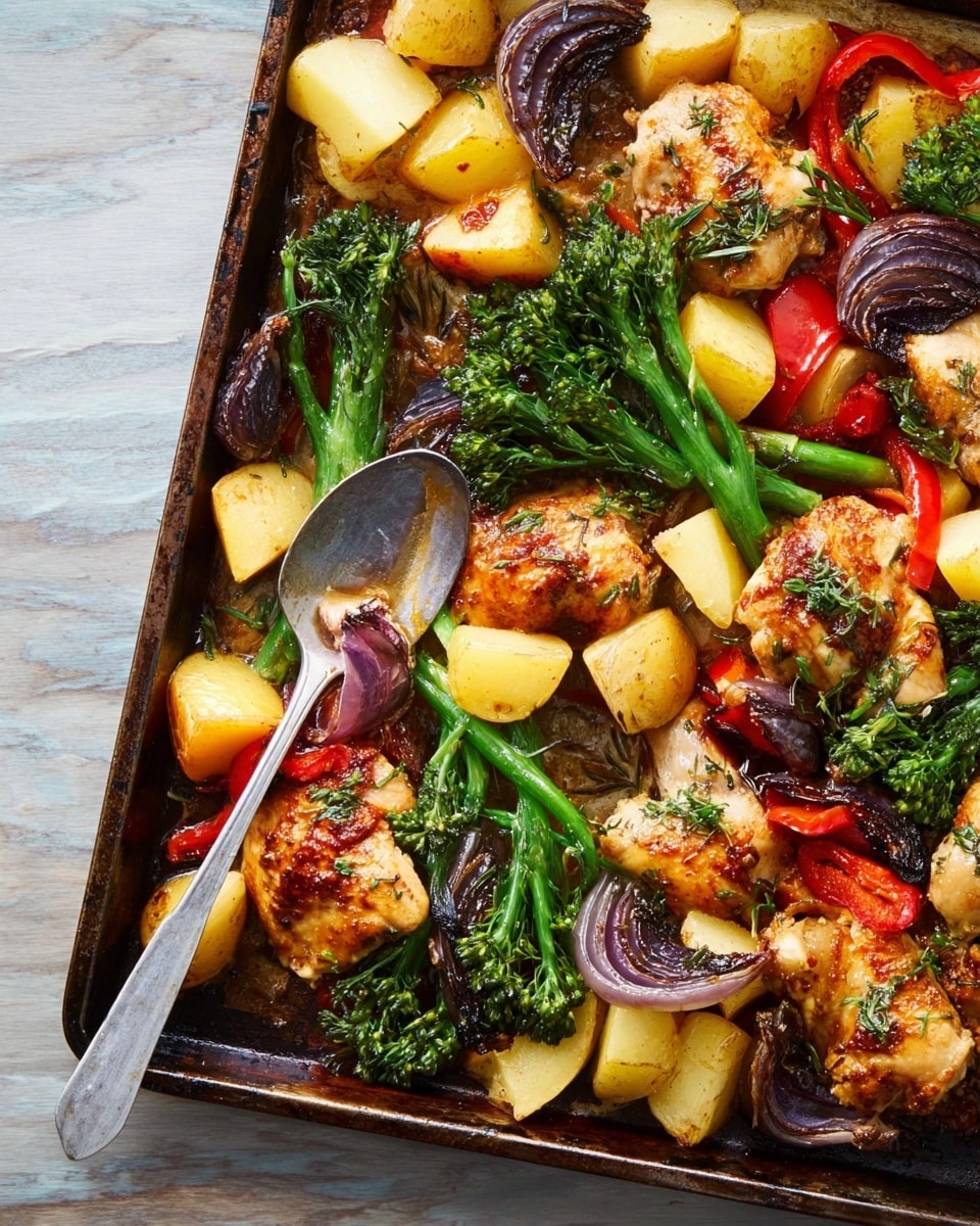 The image shows a baking tray filled with a cooked dish that has several layers, starting with light golden roasted potato chunks as the base. On top of the potatoes are tender pieces of browned chicken with melted cheese that looks slightly crispy around the edges. There are bright green broccolini stems scattered throughout, adding a fresh contrast to the warm colors. Slices of roasted red bell pepper and rings of caramelized purple onion are spread over the dish, adding red and purple hues. The tray is placed on a white marbled surface, and a spoon is resting inside the tray near the food. Photo taken with an iphone --ar 4:5 --v 7