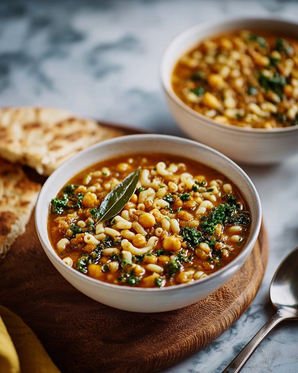 A bowl of thick soup sits in the center, filled with light yellow elbow macaroni, pale beige chickpeas, small green kale leaves, and pieces of brown lentils all mixed in a rich brown broth. A single bay leaf floats near the top. The bowl itself is white and rests on a wooden board. To the left of the bowl are soft, light tan flatbreads resting on the wooden board, and to the right, a shiny metal spoon is placed on a white marbled surface. In the background, another white bowl filled with the same soup sits slightly out of focus. Photo taken with an iphone --ar 4:5 --v 7