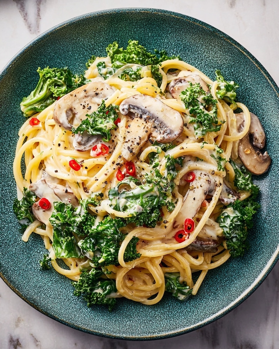 A plate of creamy spaghetti pasta is shown on a white plate with a blue speckled pattern, placed on a white marbled surface. The pasta is coated in a light cream sauce and mixed with three main layers: thinly sliced brown mushrooms, leafy green kale, and small pieces of red chili pepper. The dish is sprinkled with black pepper, giving small dark dots across the creamy sauce. The textures contrast between the soft pasta, crunchy kale, and smooth sauce, all blended together in a neat pile at the center of the plate. photo taken with an iphone --ar 4:5 --v 7