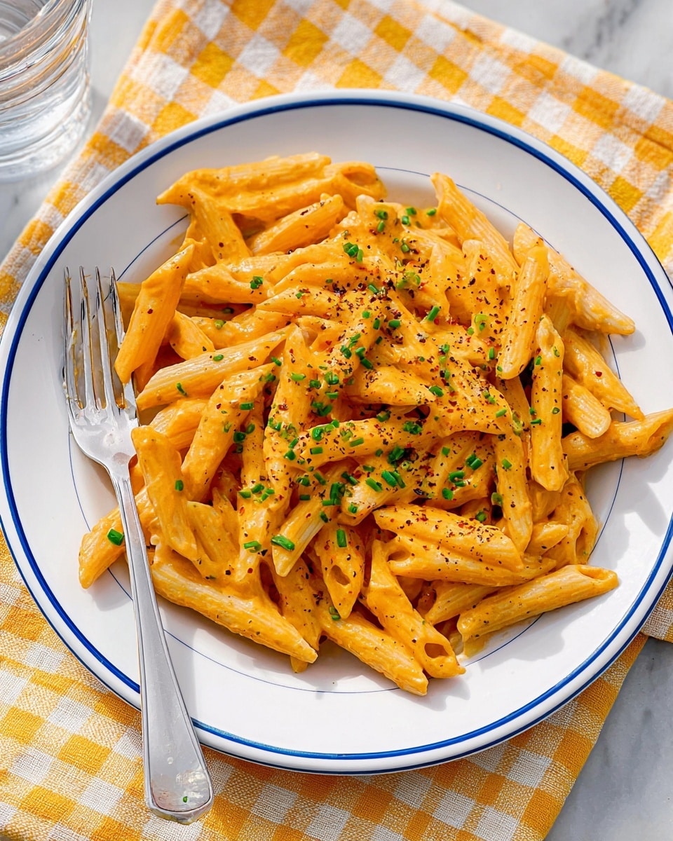A white plate with a blue rim holds a single layer of penne pasta coated in a creamy orange sauce. The sauce looks smooth and thick, evenly covering each piece of pasta. Small green chive pieces are sprinkled on top, adding a fresh contrast and some texture. Black pepper flakes are scattered lightly over the dish. A silver fork is resting on the left side of the pasta with some penne pieces caught on its tines. The plate sits on a yellow and white checkered cloth over a white marbled surface. photo taken with an iphone --ar 4:5 --v 7
