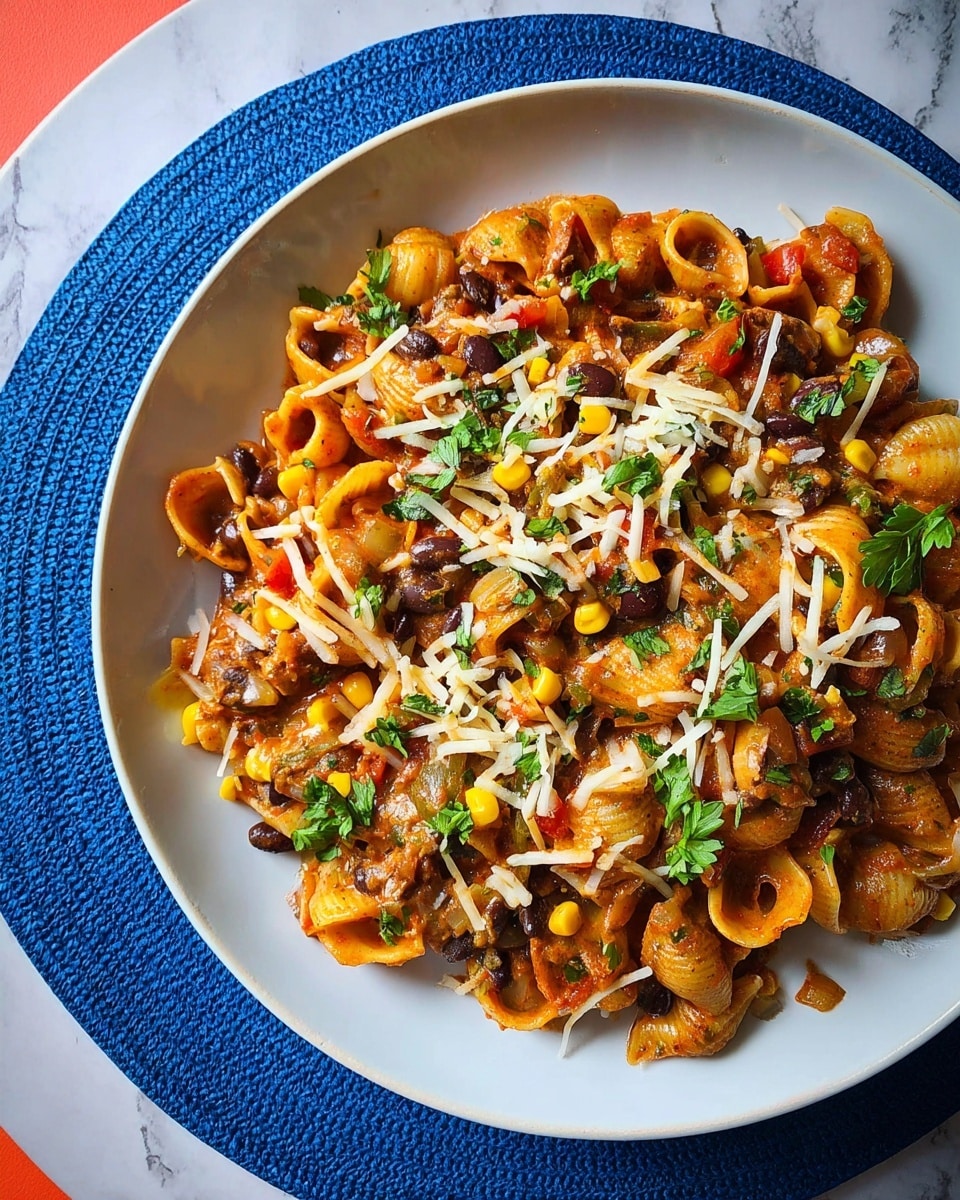 A white plate holds a mixed pasta dish made with shell-shaped pasta covered in a rich, reddish-brown sauce. The dish has layers of yellow corn kernels, dark brown beans, small chunks of brown meat, and pieces of red and green vegetables. It is topped with a sprinkle of white shredded cheese and fresh green parsley leaves scattered on top. The plate sits on a bright blue felt mat and a white marbled textured surface is visible underneath. Photo taken with an iphone --ar 4:5 --v 7