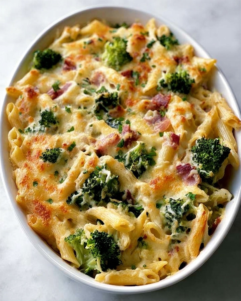 The image shows a white oval dish filled with baked pasta. The pasta is golden yellow with creamy cheese melted on top. Green broccoli florets are spread evenly throughout the dish, adding a fresh look. Small pieces of reddish-brown bacon or ham are mixed in with the pasta and broccoli. The top layer is sprinkled with grated cheese that is slightly browned and crispy in spots. The dish sits on a white marbled surface. Photo taken with an iphone --ar 4:5 --v 7