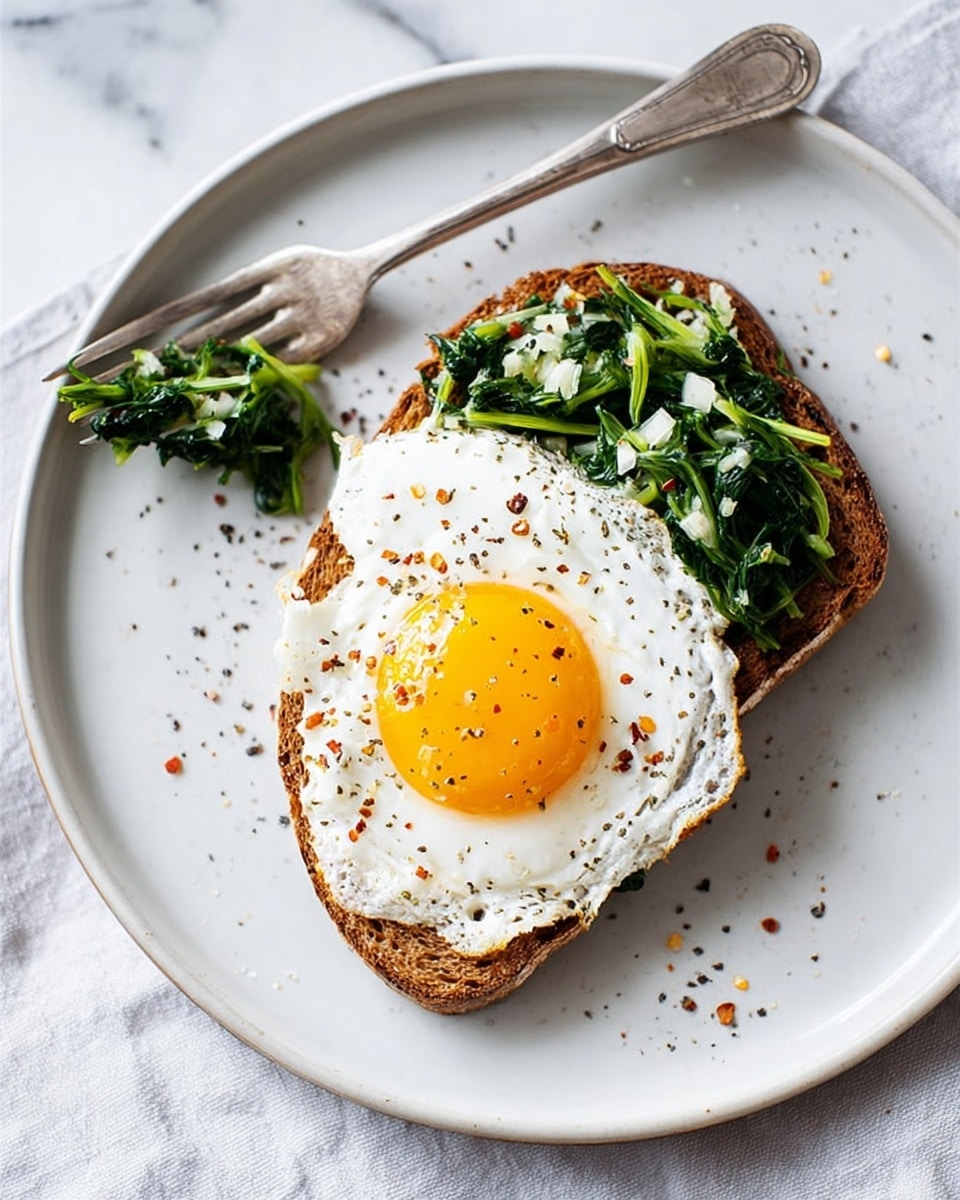 A single slice of toasted brown bread forms the bottom layer, topped with a sunny-side-up fried egg showing a bright yellow yolk in the center and white, cooked edges. Scattered over and around the egg are thin strips of fresh green leafy vegetables, adding texture and color contrast. Black pepper is sprinkled lightly on the egg, enhancing its look. The dish is placed on a white plate with a light brown edge, resting on a white marbled surface. Photo taken with an iphone --ar 4:5 --v 7