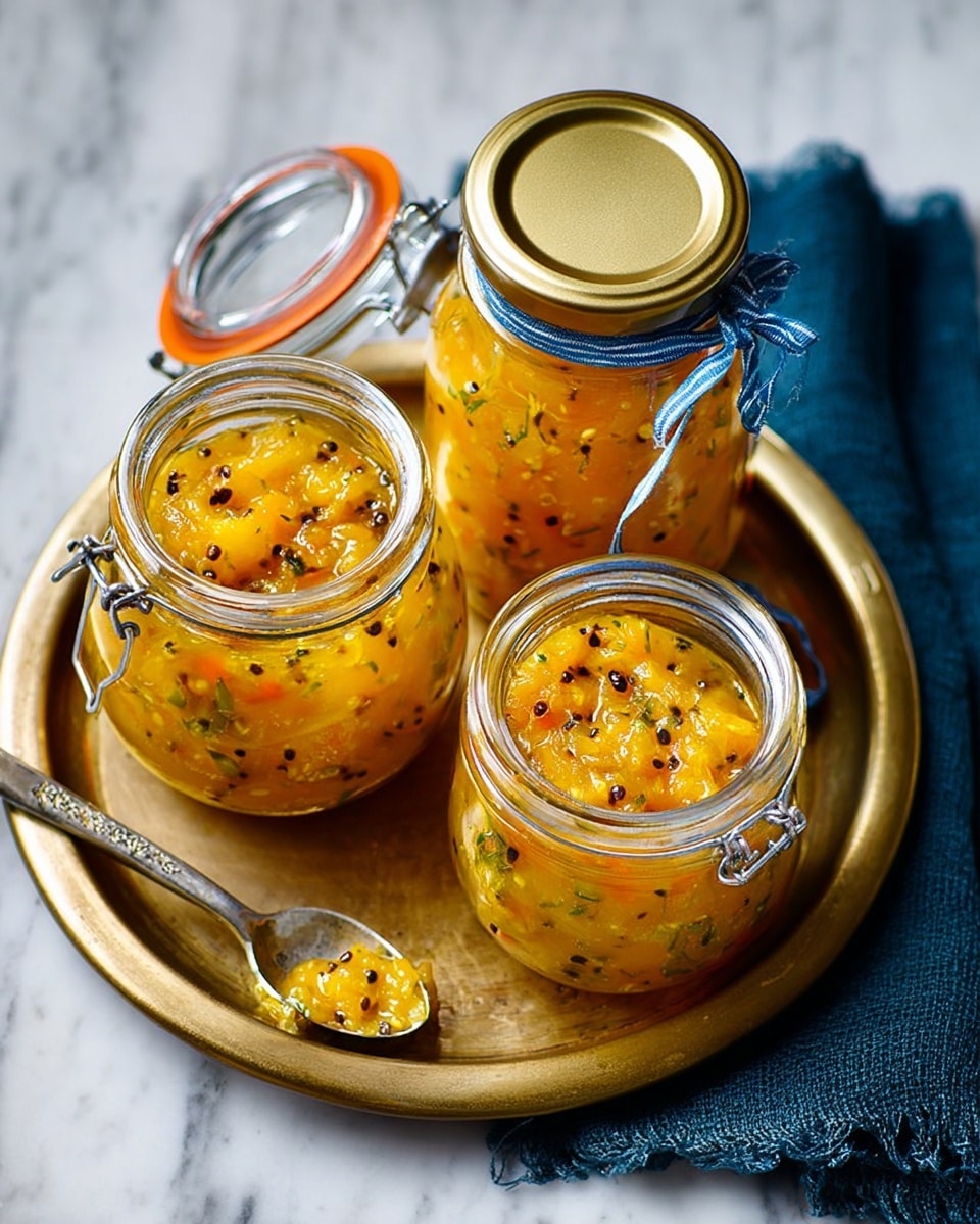 Three glass jars of homemade chutney sit on a round white plate with a golden rim, placed on a white marbled surface. The jars contain bright yellow-orange chutney with visible black seeds and chunks of fruit, creating a thick, textured look. Two jars are sealed, each tied with a small blue ribbon around the neck, one with a metal lid and the other with a clip-top glass lid. The third jar is open with its metal lid resting on its side, showing the glossy, thick chutney inside. A silver spoon holds a small amount of chutney beside the open jar. A blue cloth is partially underneath the plate, adding a soft touch to the scene. photo taken with an iphone --ar 4:5 --v 7