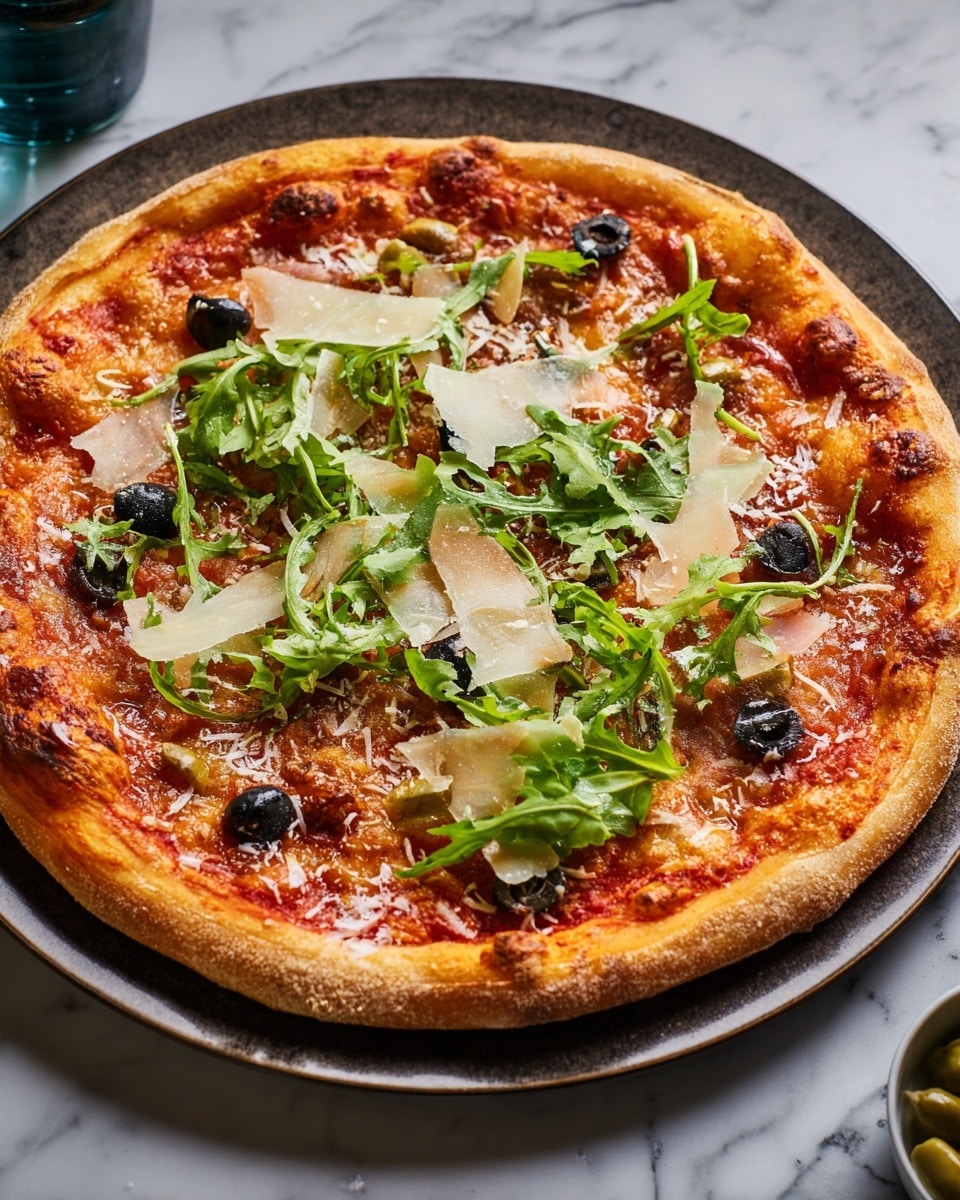 A round pizza with a thick, golden brown crust sits on a metal pizza tray placed on a white marbled surface. The first layer is bright red tomato sauce spread evenly, topped with a thin layer of melted cheese giving a slightly orange and creamy texture. Black olive slices are scattered across the top, adding dark circular spots. Fresh green arugula leaves with jagged edges are loosely placed over the pizza, along with thin shavings of light beige Parmesan cheese scattered unevenly. Small herbs or seasoning specks are visible within the sauce layer, adding detail. Photo taken with an iphone --ar 4:5 --v 7