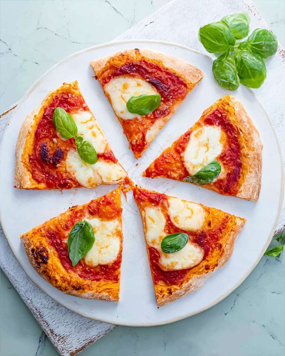 The image shows a pizza cut into six slices on a white plate placed on a white marbled surface. The pizza has a thin, light golden-brown crust. The first layer is bright red tomato sauce spread evenly over the dough. The second layer is melted mozzarella cheese in creamy white patches with a smooth texture. Fresh green basil leaves are scattered on top, adding a pop of color. There is also a small bunch of basil leaves placed near the plate. The photo taken with an iphone --ar 4:5 --v 7
