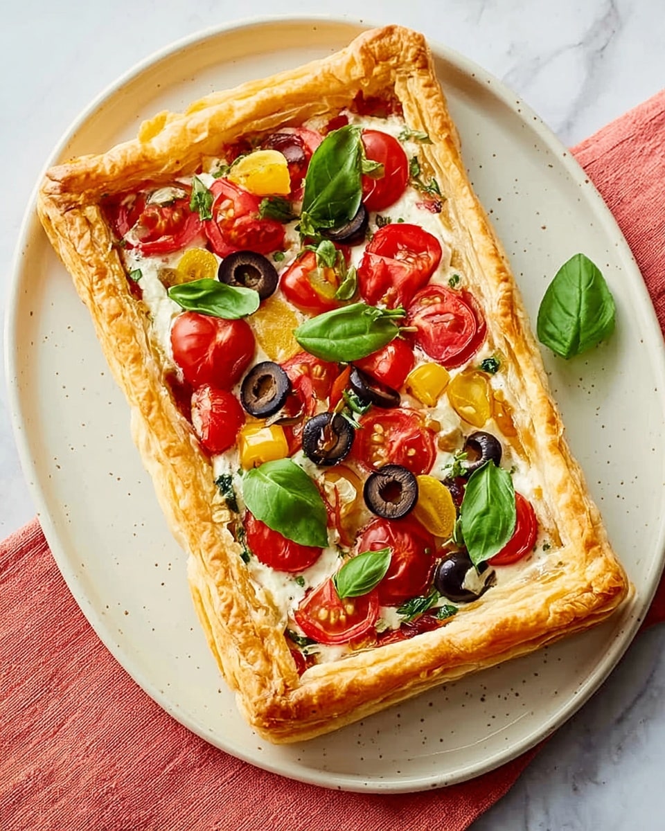 A rectangular puff pastry tart with a golden, flaky crust sits in the center of a white plate. Inside, the first layer shows a mix of yellow and red bell pepper pieces, topped with melted white mozzarella cheese that is slightly melted and bubbly. Bright red cherry tomato halves are evenly placed on top, along with dark purple olive slices scattered around. Fresh green basil leaves are spread on top, adding a vibrant contrast. The plate is set on a white marbled surface with a coral pink cloth partially visible underneath. Photo taken with an iphone --ar 4:5 --v 7