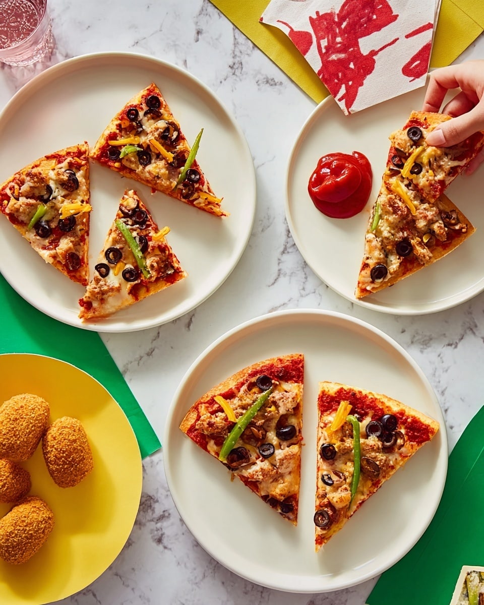 The image shows multiple white plates each holding small triangular slices of pizza topped with melted cheese, red tomato sauce, black olive slices, green herbs, and bits of sausage or meat; two plates also include a round brown fried item. The pizza slices have a golden crust and are neatly arranged with three to four pieces per plate. One plate has a dollop of red ketchup placed beside the pizza slices. The background surface is a white marbled texture with a few yellow and red napkins with a repeating red leaf pattern nearby. A woman's hand is holding one of the small pizza slices at the top right corner. Photo taken with an iphone --ar 4:5 --v 7