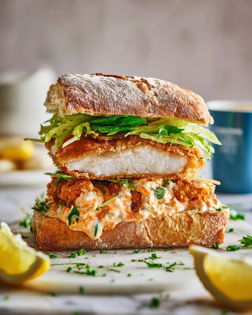 The image shows two stacked sandwiches made with thick, crusty ciabatta bread that has a lightly dusted flour top, each sandwich containing three main visible layers. The bottom layer is golden crispy fried chicken with a crunchy texture, topped with fresh green lettuce leaves. The middle layer is a creamy sauce with red chili or paprika streaks mixed with small green chives, dripping slightly onto the white marbled surface below. The top layer features a thick, juicy grilled chicken breast maintaining white tenderness inside, covered with more fresh green lettuce, all held between the ciabatta bread halves. In front of the sandwiches, cut lemon wedges add a bright yellow contrast, and the background features a simple blurry setting. Photo taken with an iphone --ar 4:5 --v 7