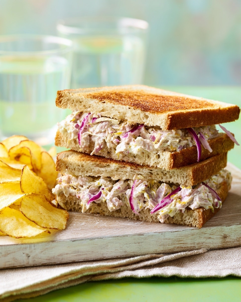 The image shows a sandwich cut in half and stacked, resting on a wooden board with a white marbled surface beneath. The sandwich has three layers: the top and bottom layers are golden toasted bread with a slightly crispy texture; inside, there are two fillings of shredded light brown tuna mixed with thin slices of purple onion and creamy, pale mayonnaise spread throughout. A few wavy potato chips sit to the left side of the sandwich. Photo taken with an iphone --ar 4:5 --v 7