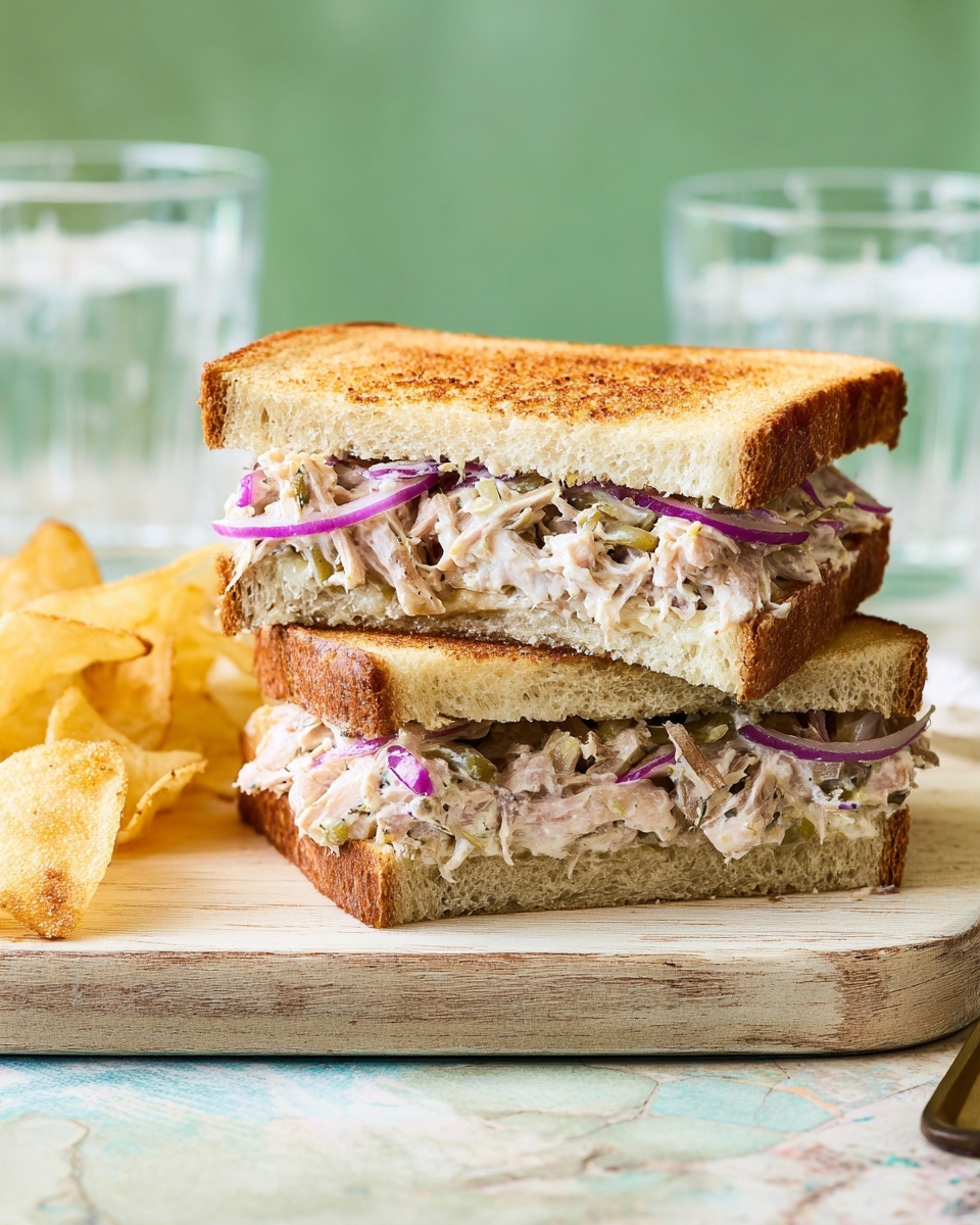 The image shows a sandwich cut in half and stacked, placed on a wooden board over a white marbled texture. The sandwich has two layers of toasted bread that are golden brown with a slightly crisp texture. Between the bread slices, there is a mix of shredded light brown meat and thin slices of red onion, all mixed with a creamy, white sauce that is spread evenly on the bread. On the side, there is a small pile of golden-yellow potato chips. In the background, two glasses of clear water sit on the white marbled surface, adding freshness to the setting. The whole scene is bright and well-lit, highlighting the textures and colors clearly. photo taken with an iphone --ar 4:5 --v 7