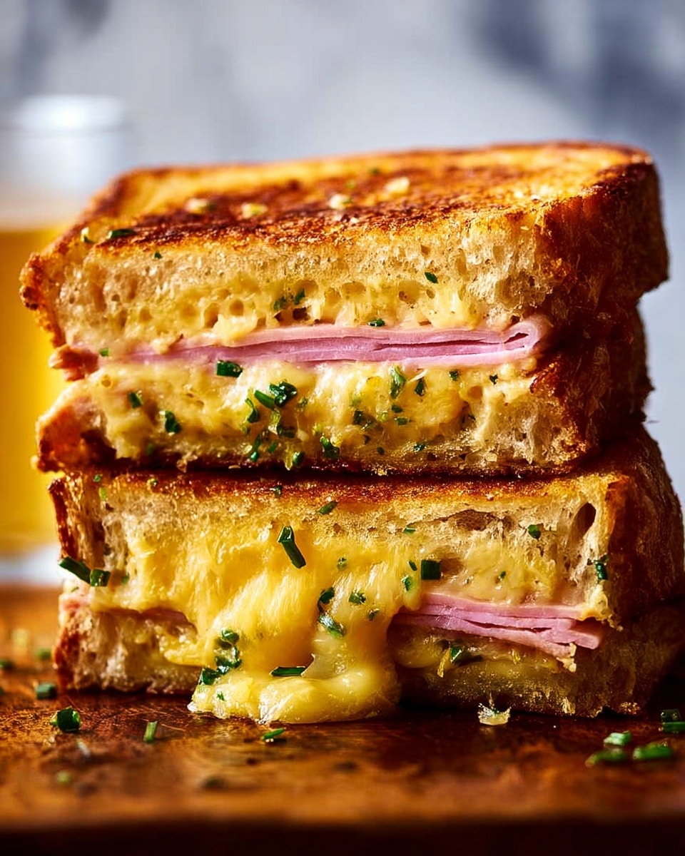 A close-up of a grilled sandwich cut in half and stacked, showing two layers of golden brown toasted bread with a thick, melted yellow cheese mixed with green herbs oozing out between the slices, and thin pink ham layered inside. The bread looks crispy with a soft, airy inside, and the cheese is melting down the sides, creating a gooey texture. The sandwich is placed on a wooden board with a blurred dark background. photo taken with an iphone --ar 4:5 --v 7