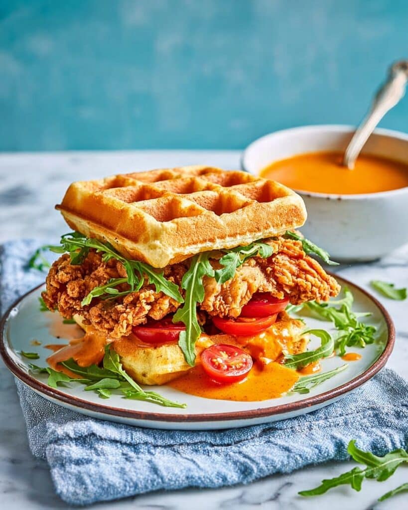 Fried Chicken Waffle Sandwich with Garlic Sauce and Tomatoes Recipe