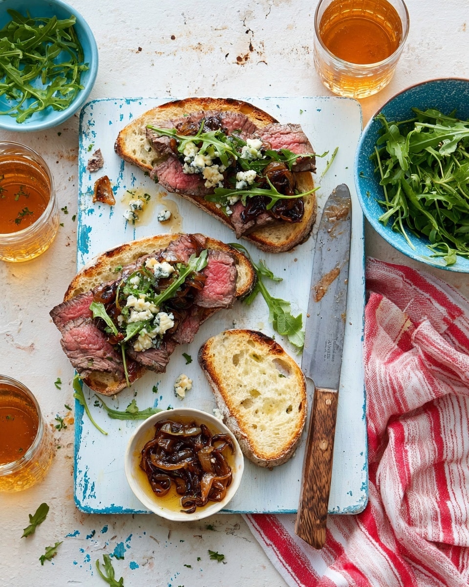 The image shows two open sandwich slices on a light blue wooden board placed on a white marbled texture with a red and white striped cloth underneath. Each sandwich has a base layer of toasted bread with a golden crust and light airy holes, topped with thin slices of medium-rare steak, showing a pink center and browned edges. On top of the steak are scattered pieces of blue cheese and fresh green arugula leaves. A white bowl to the right contains dark caramelized onions, with some spilled slightly on the board. Above the board, there is a white bowl filled with fresh green arugula and two glasses filled with amber-colored beer, one cap lying next to the glass on the left. A knife with a wooden handle rests diagonally on the board beside the sandwiches. The photo is taken with an iphone --ar 4:5 --v 7
