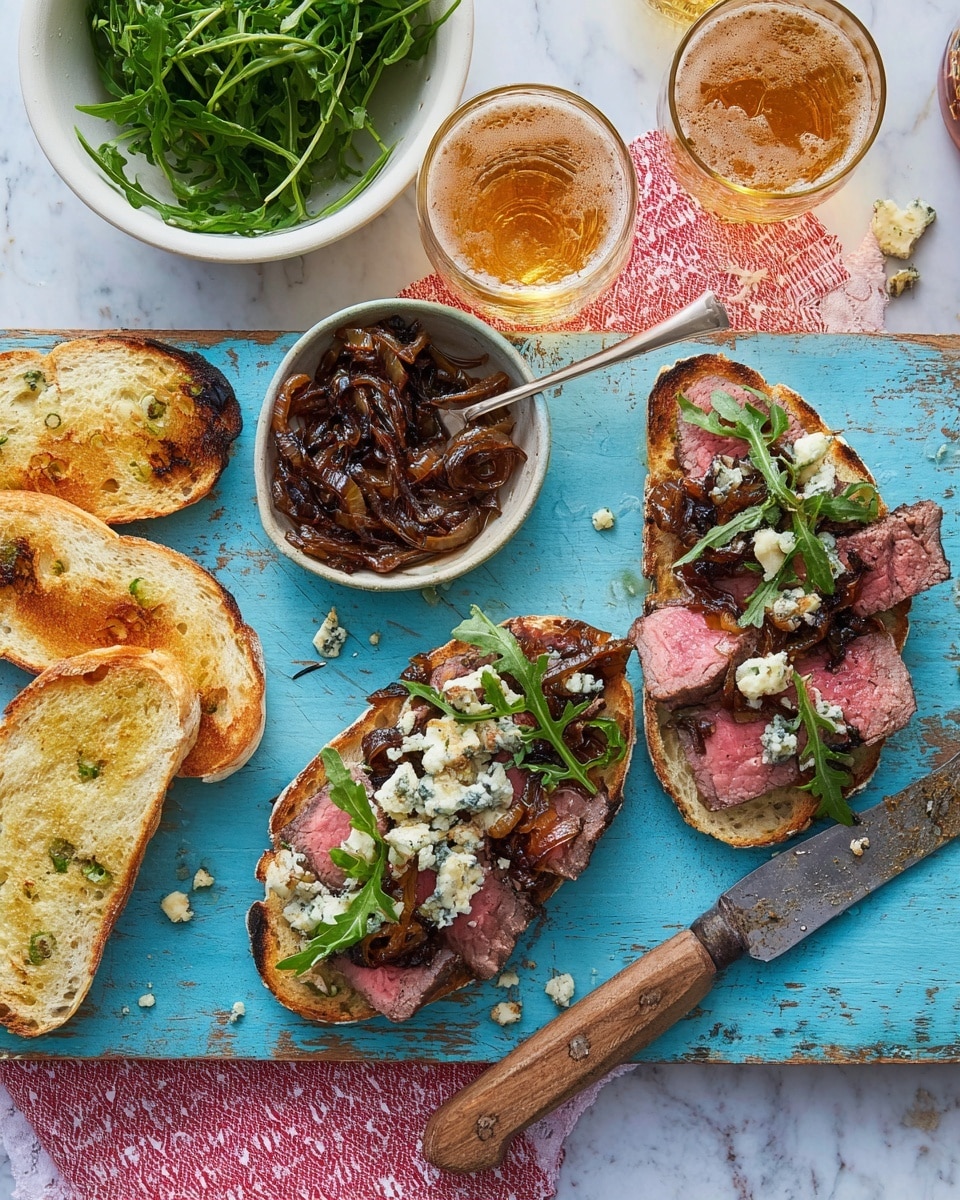 Two open-faced sandwiches sit on a light blue wooden board placed on a white marbled texture with a red and white striped cloth underneath. Each sandwich has a base of toasted crusty bread with light golden-brown edges. The first sandwich has a layer of cooked thin steak slices topped with dark caramelized onions, scattered blue cheese crumbles, and fresh green arugula leaves. The second sandwich has similar layers with steak slices, caramelized onions, blue cheese crumbles, and arugula on the bread. Near the board is a knife with a wooden handle, a white bowl filled with caramelized onions, a white round bowl with fresh arugula, and two glasses of amber beer with foam bubbles. A woman's hand is partially visible holding one of the sandwiches. photo taken with an iphone --ar 4:5 --v 7