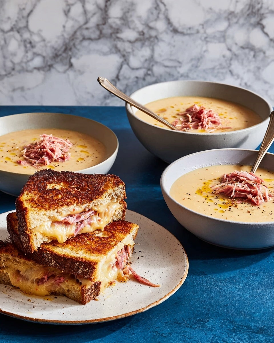 The image shows a plate with three grilled cheese sandwiches cut in half, stacked on a white plate. The sandwich bread is golden brown and toasted with a crunchy texture on the outside. Inside, layers of melted yellow cheese and shredded pink meat are visible, oozing slightly from the sandwich. Surrounding the plate are three light grey bowls filled with creamy pale yellow soup topped with small piles of shredded pink meat, a drizzle of oil, and a sprinkle of black pepper. One bowl has a silver spoon resting inside it. The food is placed on a white marbled surface with a soft grey wall background. photo taken with an iphone --ar 4:5 --v 7