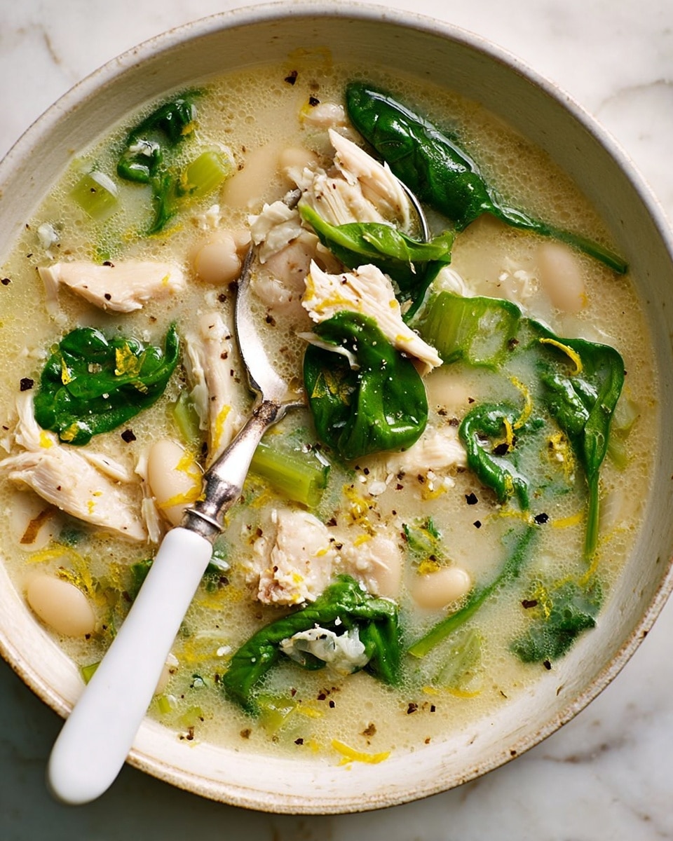 A white bowl is filled with creamy chicken soup that has a thick texture. The soup contains shredded pieces of white chicken scattered throughout and bright green spinach leaves floating on the surface. There are also some white beans visible mixed in the soup. The soup is lightly speckled with black pepper and lemon zest, adding small dark and yellow spots on top. A spoon with a white handle rests inside the bowl, partly submerged, with some chicken and soup visible on the spoon. The background is a white marbled surface with a soft green cloth beside the bowl. photo taken with an iphone --ar 4:5 --v 7