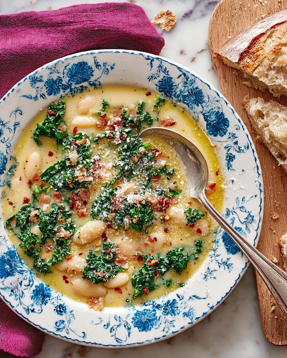 The image shows a deep white plate with a blue floral pattern around the edge, filled with a creamy soup that has several layers: a thick pale yellow base with soft white beans, scattered bright green kale leaves sitting on top, some red chili flakes sprinkled across, and a light dusting of grated white cheese covering parts of the dish. A silver spoon rests inside the soup on the right side of the plate. To the right of the plate, there is a crusty loaf of bread with a golden-brown crust sitting on a wooden board, all placed on a white marbled surface with a purple cloth partially visible behind the plate. Photo taken with an iphone --ar 4:5 --v 7