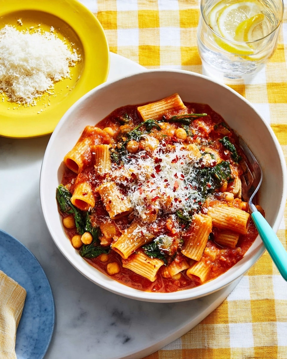 A deep white bowl filled with rigatoni pasta in a thick red tomato sauce with visible chickpeas and dark green spinach leaves mixed within. On top, there is a mound of finely grated white cheese with a sprinkling of red chili flakes, adding texture and color contrast. A light blue fork is partially inside the bowl near the right edge. Next to the bowl is a small white plate piled with crumbly white cheese. The dishes are set on a yellow and white checkered cloth, all placed on a white marbled surface, with a glass of water with a lemon slice visible in the upper right corner. Photo taken with an iphone --ar 4:5 --v 7