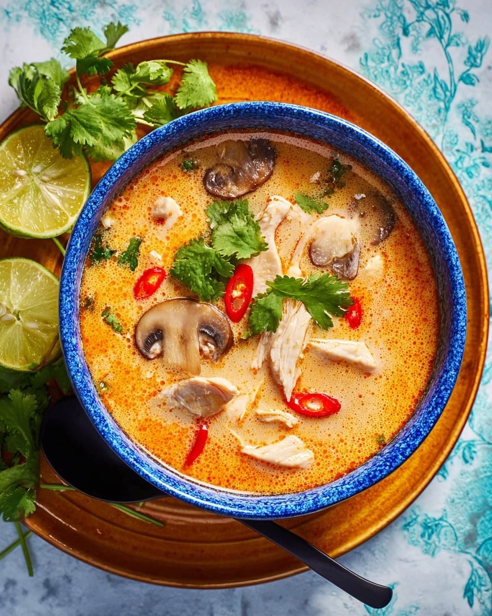 A blue bowl filled with a rich orange-yellow soup with visible oil droplets on the surface, containing slices of white chicken breast, thinly sliced white mushrooms, and small red chili pepper rounds. Bright green cilantro leaves rest on top, adding a fresh touch. The bowl sits on a white marbled surface with parts of lime wedges and extra cilantro leaves nearby, alongside a silver spoon placed to the right side. photo taken with an iphone --ar 4:5 --v 7