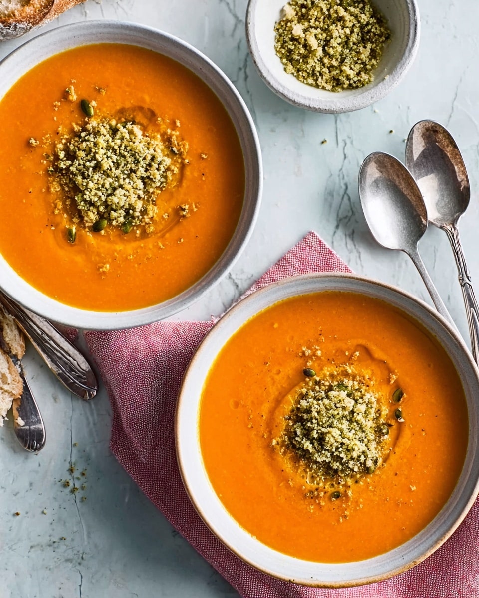 Two white bowls filled with creamy orange soup are placed on a white marbled surface, each bowl topped with a small heap of greenish crumbly garnish that looks textured and fresh. One bowl is partially on a folded pink cloth, while the other bowl sits alone. A silver spoon rests near the bottom right bowl next to a small white dish holding more of the green garnish. A piece of brown crisp bread is in the top left corner, partly visible. photo taken with an iphone --ar 4:5 --v 7