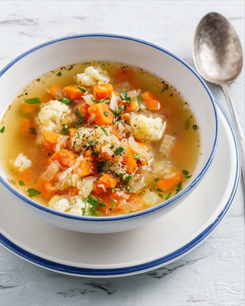 A white bowl with a blue stripe near the top edge holds a clear soup filled with small diced carrots, cauliflower, and bits of green herbs floating on the surface. The broth is light golden and slightly translucent, showing the colorful vegetable pieces inside. The bowl is placed on a white marbled surface with a silver spoon resting in front of it. Another white bowl is partially visible in the background. The scene is softly lit, emphasizing the fresh and simple look of the soup. photo taken with an iphone --ar 4:5 --v 7