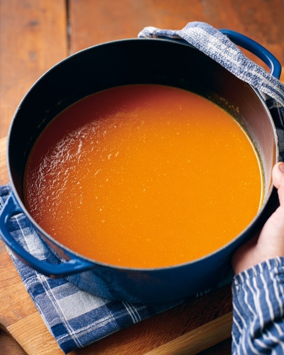 A deep blue cooking pot filled with smooth, thick orange soup that has a slightly shiny surface, sitting on a wooden board. A woman's hand is holding the pot from the left side with a towel. The background is a white marbled texture. photo taken with an iphone --ar 4:5 --v 7