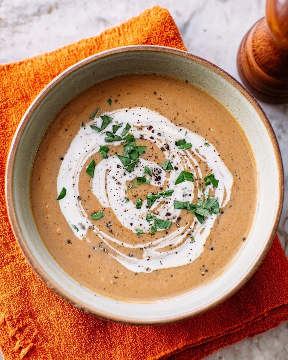 A bowl of creamy light beige soup fills a white bowl with a natural wood-like rim pattern, sitting on a textured orange cloth over a white marbled surface. The soup has a swirl of white cream on top, sprinkled with fresh green chopped herbs and some coarse black pepper. The scene is bright and simple with soft shadows, showing a cozy and homemade feel. Photo taken with an iphone --ar 4:5 --v 7