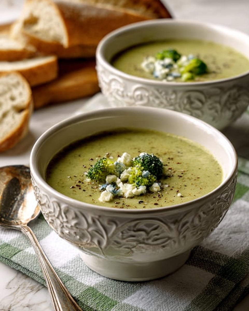The image shows two white bowls with a detailed pattern on their outside, filled with creamy green soup that looks smooth and thick. On top of the soup, small green broccoli pieces and crumbled blue cheese are scattered, along with a sprinkle of black pepper. The bowls are placed on a white marbled surface with a light green and yellow plaid cloth under the front bowl. Next to the bowls is a silver spoon. In the background, there are slices of crusty bread on a wooden board, giving a cozy feeling. The lighting is soft and warm, making the food look fresh and inviting. photo taken with an iphone --ar 4:5 --v 7