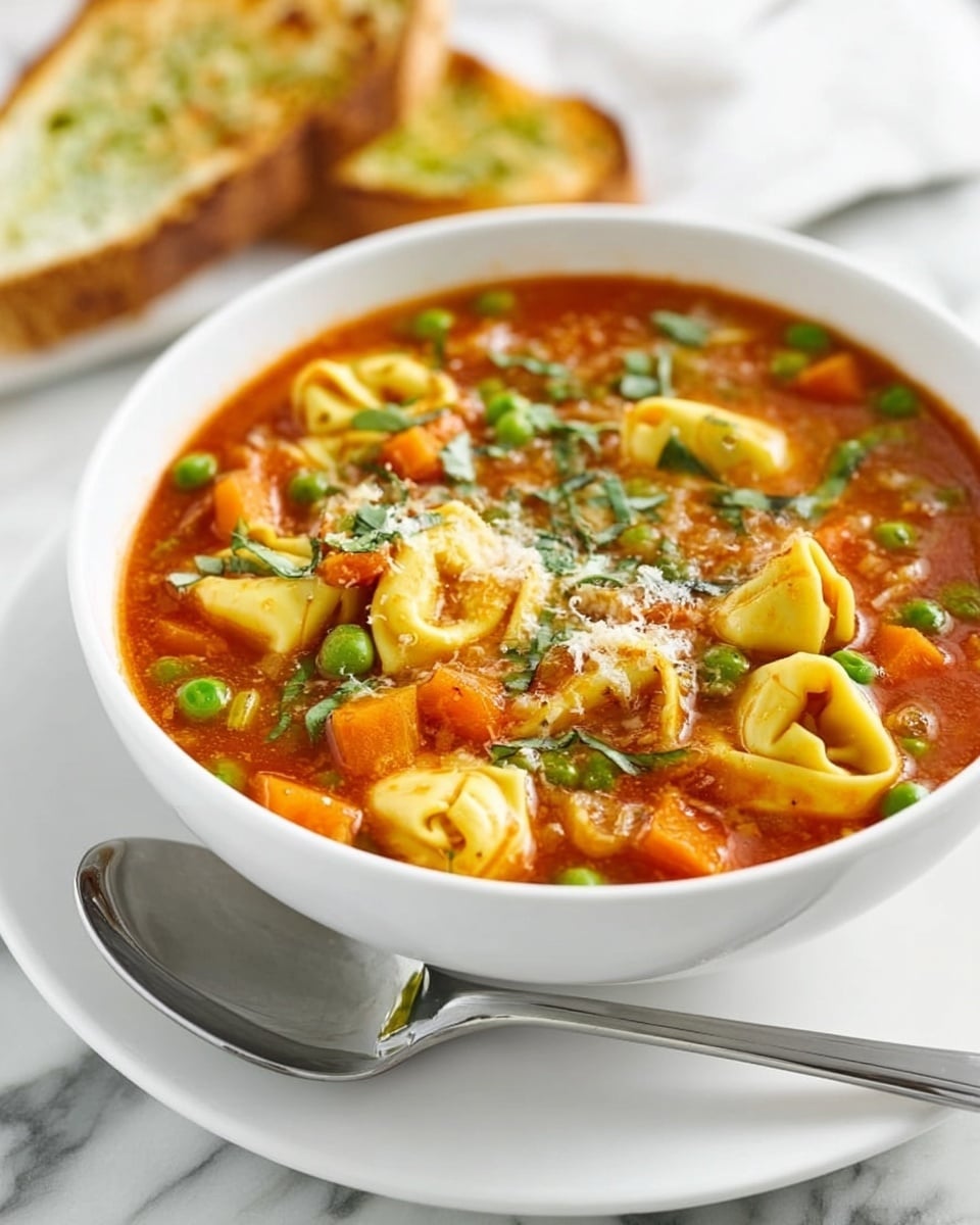 A white shallow bowl filled with a rich red tomato soup, topped with green peas, fresh green beans, and several pieces of yellow tortellini pasta that have a smooth texture. The soup has visible small pieces of vegetables and a light sprinkle of white grated cheese on top. The bowl sits on a matching white plate with a silver spoon resting beside it, all placed on a white marbled surface. Behind the bowl, there is a piece of toasted golden bread with a slightly rough texture and visible crumb. Photo taken with an iphone --ar 4:5 --v 7