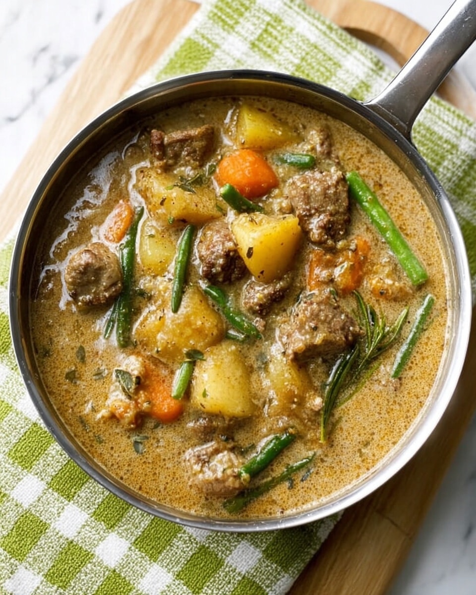 A silver pan with a handle filled with a thick stew made of chunks of brown meat, orange carrots, yellow potatoes, and green beans in a light brown gravy. The pan sits on a wooden board, which is on a white and green checked cloth, all placed on a white marbled surface. The stew looks hearty and rustic with visible black pepper sprinkled on top. photo taken with an iphone --ar 4:5 --v 7