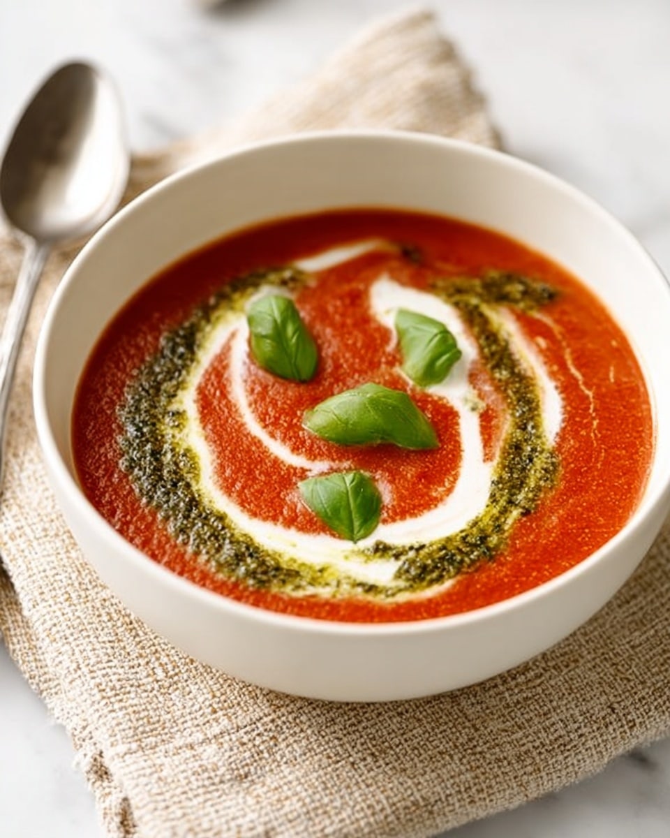 A white bowl filled with smooth, thick red tomato soup sits on a folded beige cloth with a soft, textured weave. On top of the soup, there is a swirl of white cream and a ring of green pesto sauce forming a loose circle. Three bright green basil leaves rest on the surface, adding fresh color contrast. The bowl is placed on a white marbled surface, and a shiny silver spoon is partly visible on the left side. The photo taken with an iphone --ar 4:5 --v 7