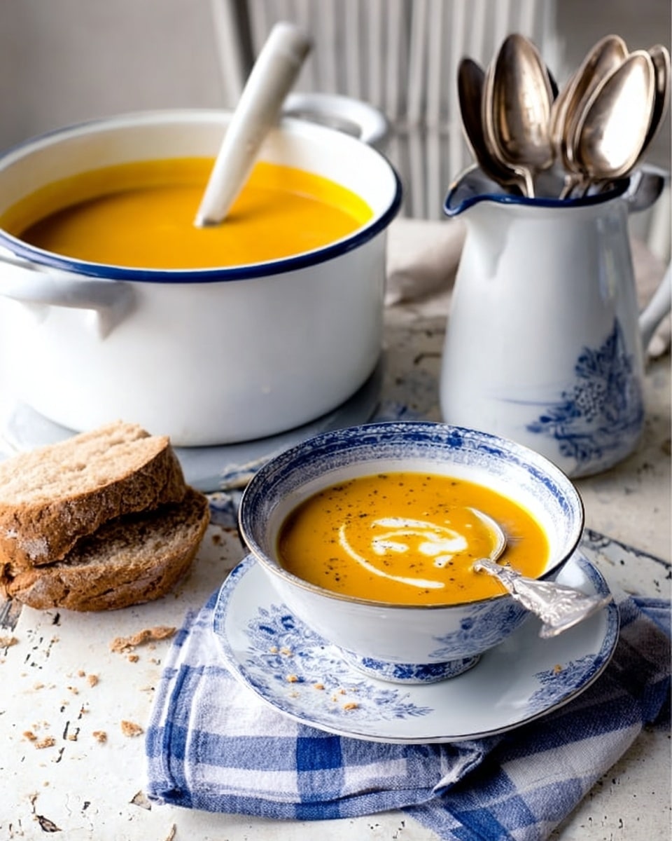 A white bowl with a blue rim holds a thick, orange soup with a swirl of white cream on top and a spoon resting inside. Behind it, a large white soup tureen with a blue rim is filled with the same soup, with a ladle standing inside. To the right, a white jug with a blue rim holds silver spoons and forks. A blue and white checkered cloth is placed next to the bowl, and a piece of torn bread lies on the white marbled surface, along with some crumbs. photo taken with an iphone --ar 4:5 --v 7