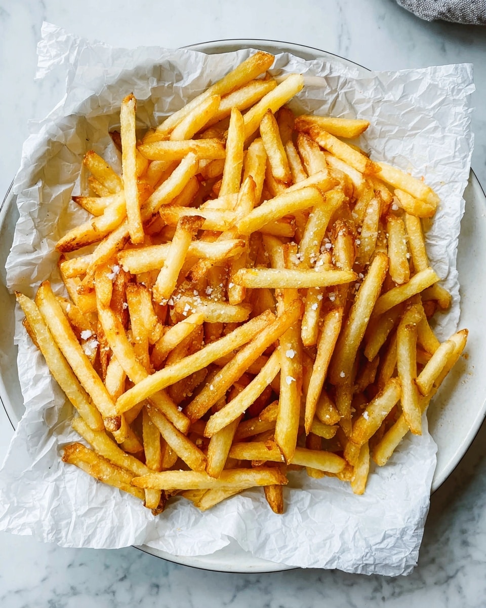 A large round white plate holds a generous pile of thin, crispy French fries, some golden brown and others pale yellow, spread unevenly on crinkled white parchment paper. The fries are sprinkled with fine white salt grains that add contrast to their textured surfaces. The plate is placed on a light gray surface with a subtle worn look, and a soft, light blue cloth rests partially under the plate’s left edge. Photo taken with an iphone --ar 4:5 --v 7