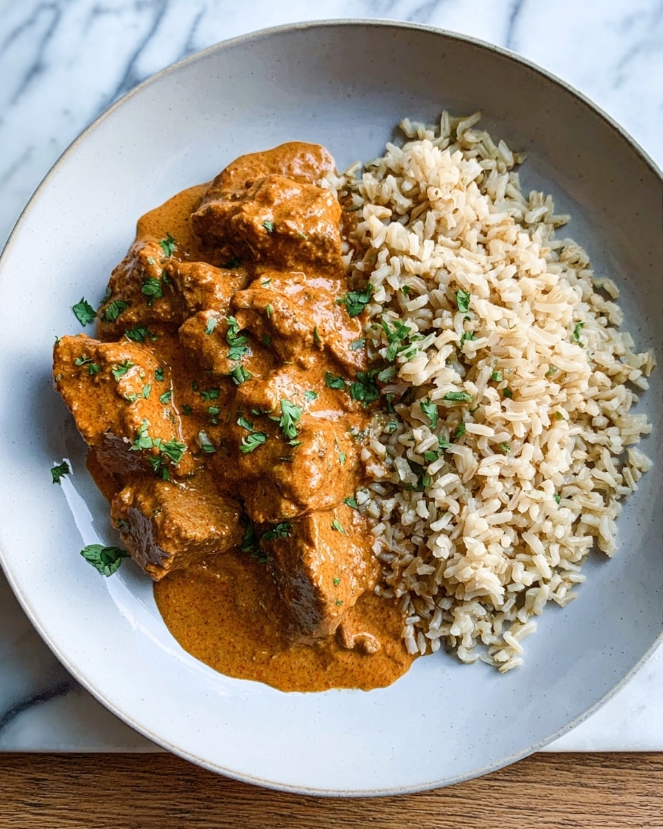 A white plate holds two main parts: on the left, several chunks of meat covered with thick, creamy orange sauce topped with small green herb pieces, and on the right, a mound of light brown rice sprinkled with finely chopped green herbs. The plate is placed on a white marbled surface with visible brown wood texture edges. The sauce has a smooth texture, and the rice grains appear soft and slightly separated. Photo taken with an iphone --ar 4:5 --v 7