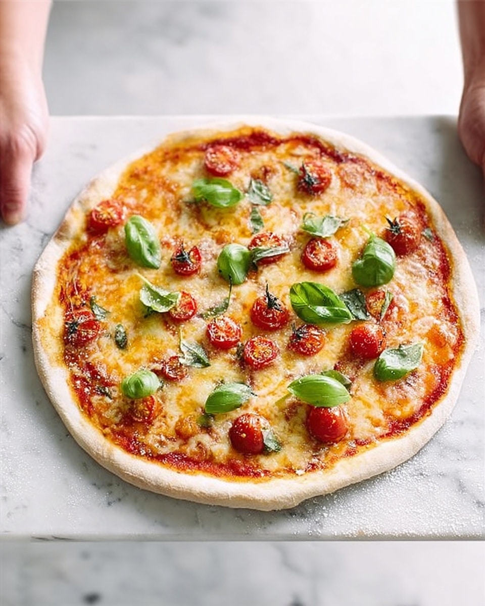 A round pizza with a thin, lightly browned crust, topped with a layer of bright red tomato sauce. On top of the sauce is a melted, bubbly layer of golden-yellow cheese with small browned spots. Scattered over the cheese are halved cherry tomatoes in a deep red color and fresh green basil leaves. The pizza is held by a woman’s hand on each side, with the background showing a white marbled surface. photo taken with an iphone --ar 4:5 --v 7