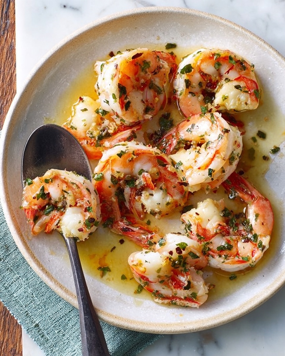 A white plate with seven cooked shrimp, each shrimp slightly curled and pink with white flesh showing, topped with small green herb bits and a drizzle of golden oil that pools slightly on the plate. A dark spoon rests on the plate under the shrimp. The plate sits on a wooden surface with a patterned cloth partially visible near the top left. Photo taken with an iphone --ar 4:5 --v 7