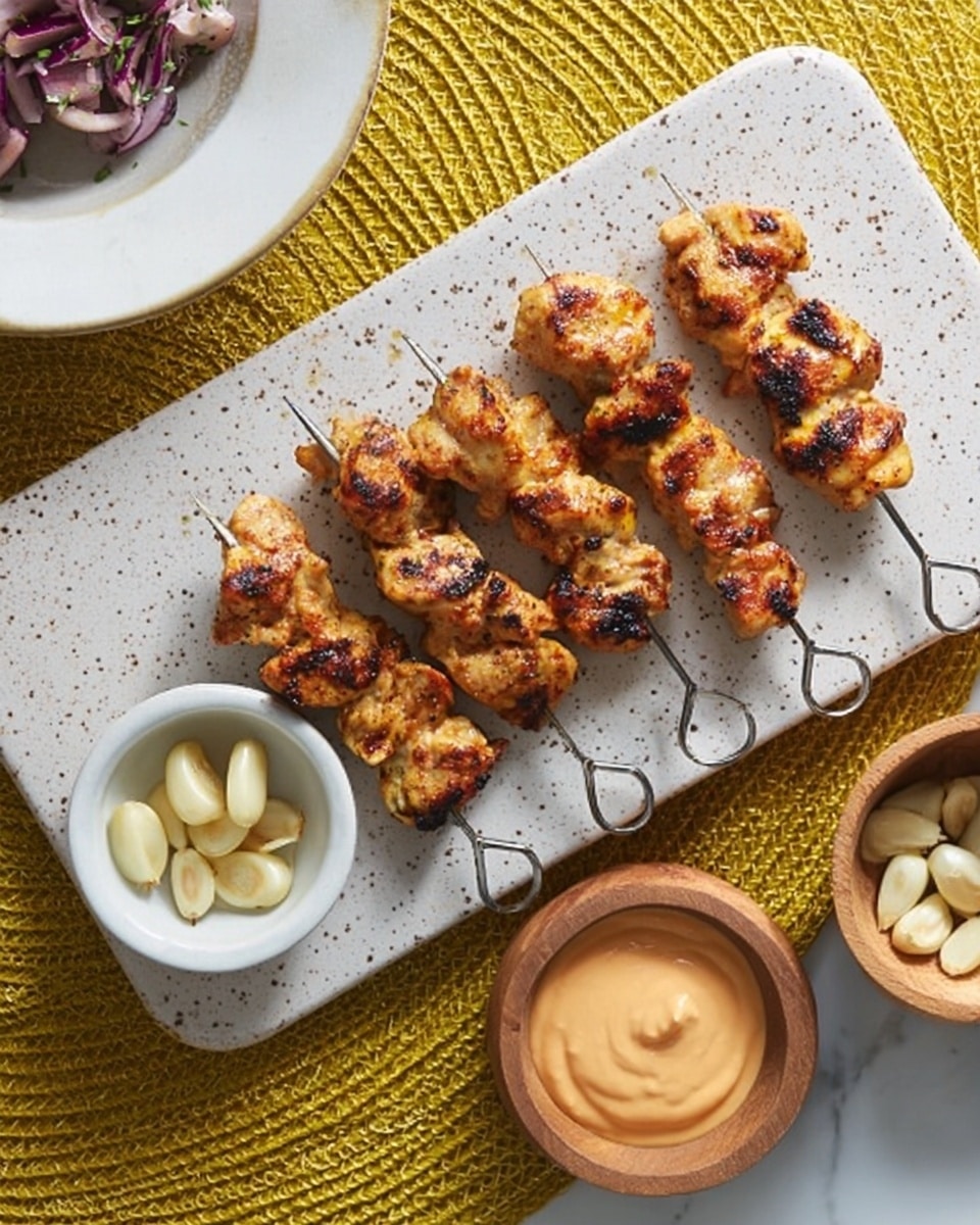 The image shows a rectangular, white plate with small black speckles, placed on a white marbled textured surface. On the plate are five metal skewers with grilled, golden-brown chicken pieces that have a slightly charred texture and some herbs sprinkled on top. On the right side of the plate, there is a small round wooden bowl filled with a creamy, light orange dipping sauce. On the left side of the plate, a small white bowl contains whole peeled garlic cloves, some of which have spilled onto the plate. The photo taken with an iphone --ar 4:5 --v 7