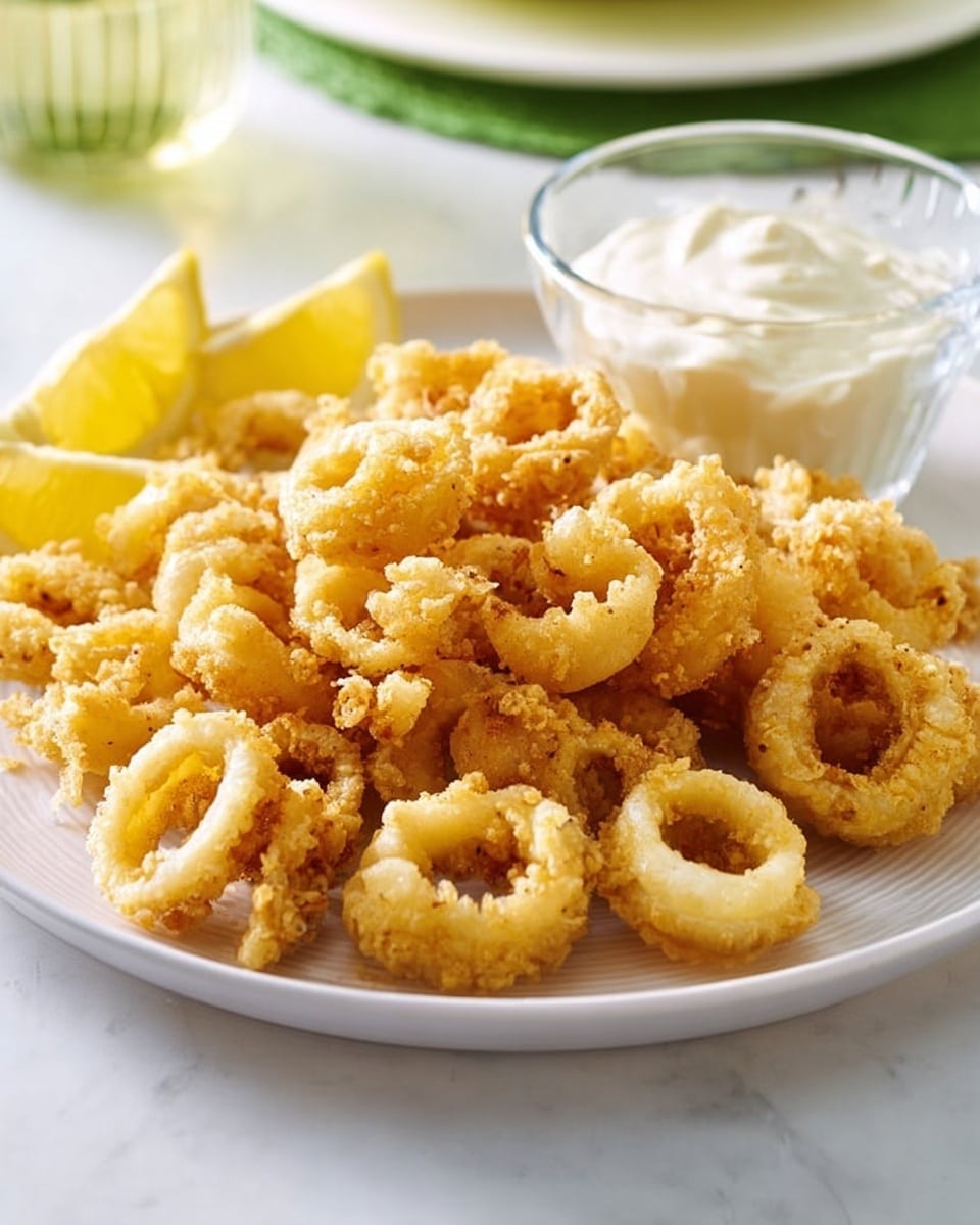 The image shows a green plate filled with a large pile of golden fried calamari rings, arranged in the center. To the left of the pile are two lemon wedges placed side by side. Behind the calamari, there is a small clear glass container with white dipping sauce inside. The plate sits on a white marbled surface, and behind it, there is a blurry background with a glass bowl of dark olives and some soft yellowish lights. Photo taken with an iphone --ar 4:5 --v 7