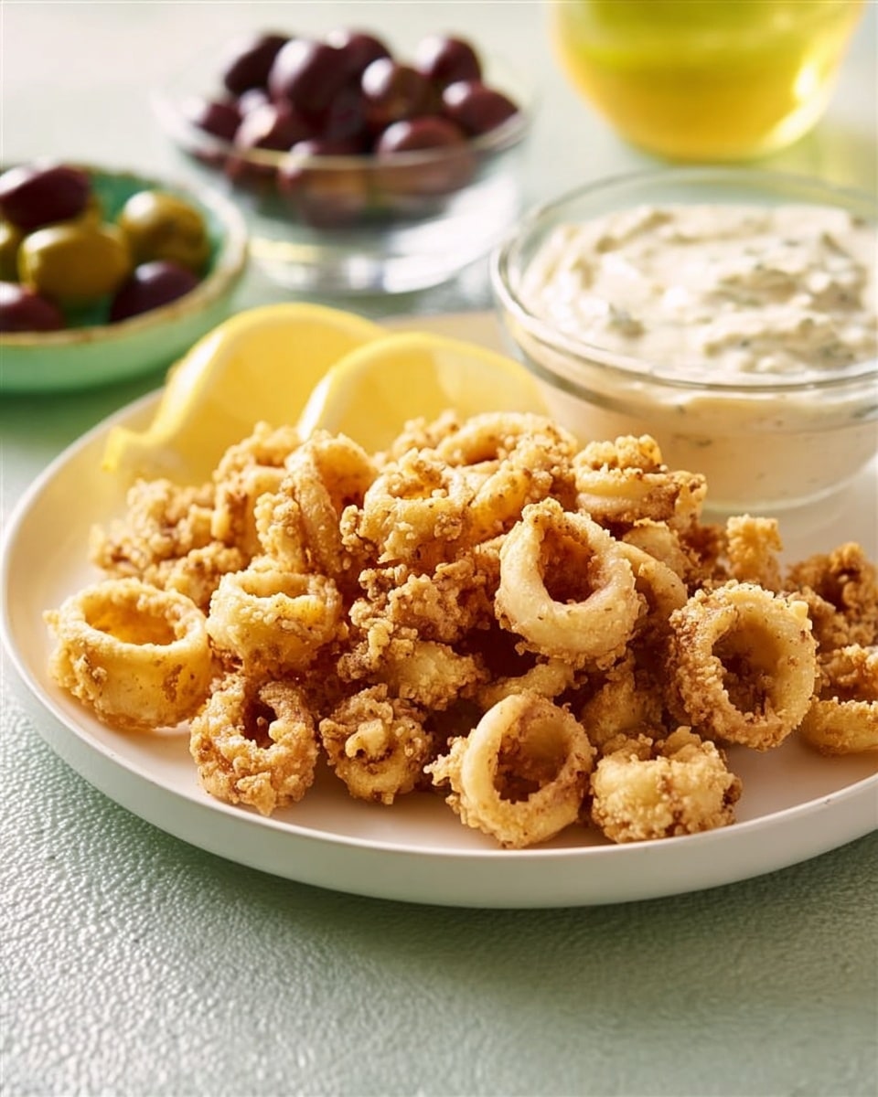 A white plate filled with a large pile of golden brown fried calamari rings, crispy and textured with light flour coating. To the left side of the plate, there are two yellow lemon wedges placed upright. Behind the calamari, a transparent glass bowl holds a creamy white dipping sauce with smooth texture. The scene is set on a white marbled surface with soft, natural light highlighting the food’s textures and colors. photo taken with an iphone --ar 4:5 --v 7